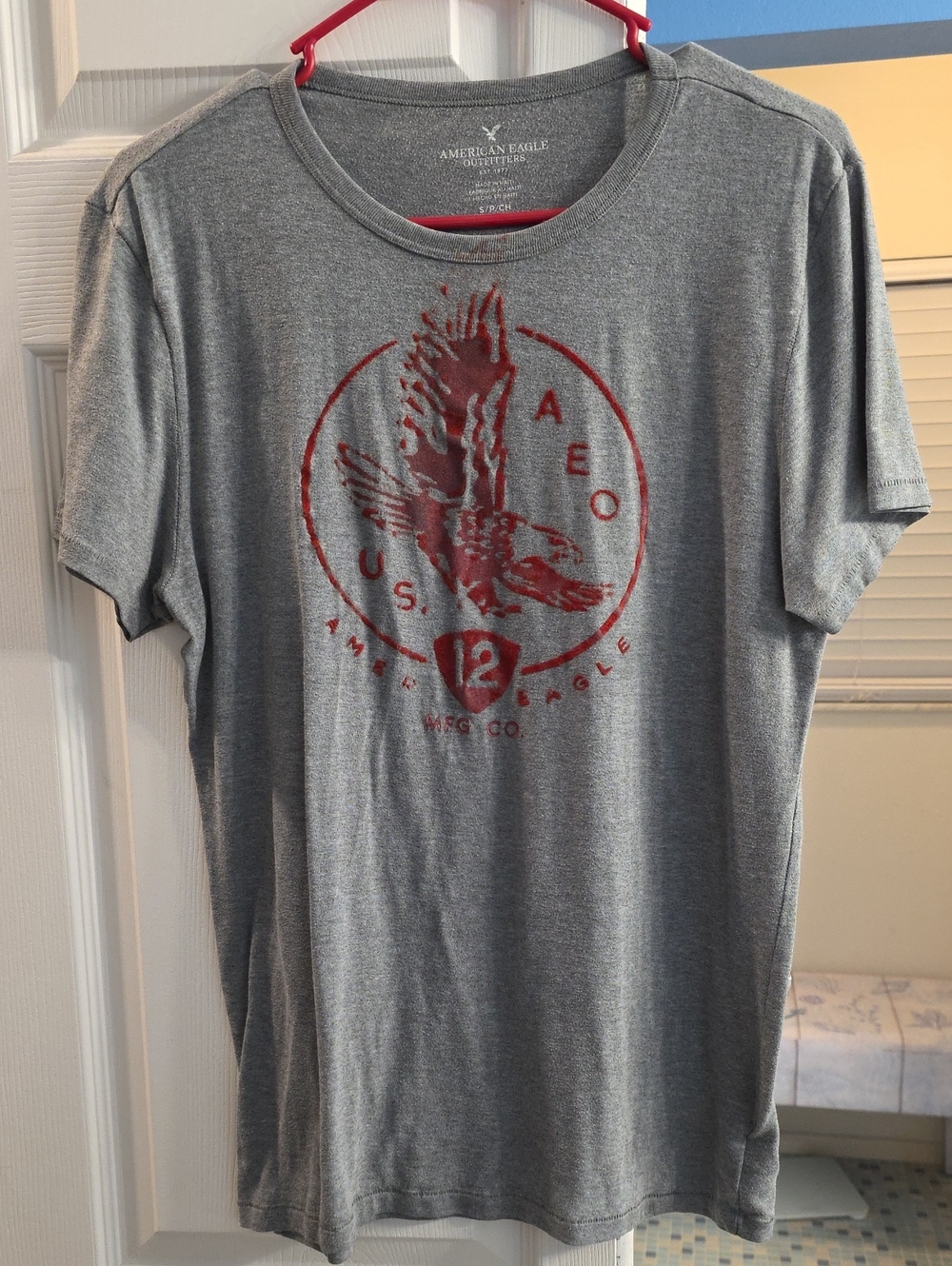 American Eagle Outfitters Gray Short-Sleeve Tee with Red Eagle Graphic